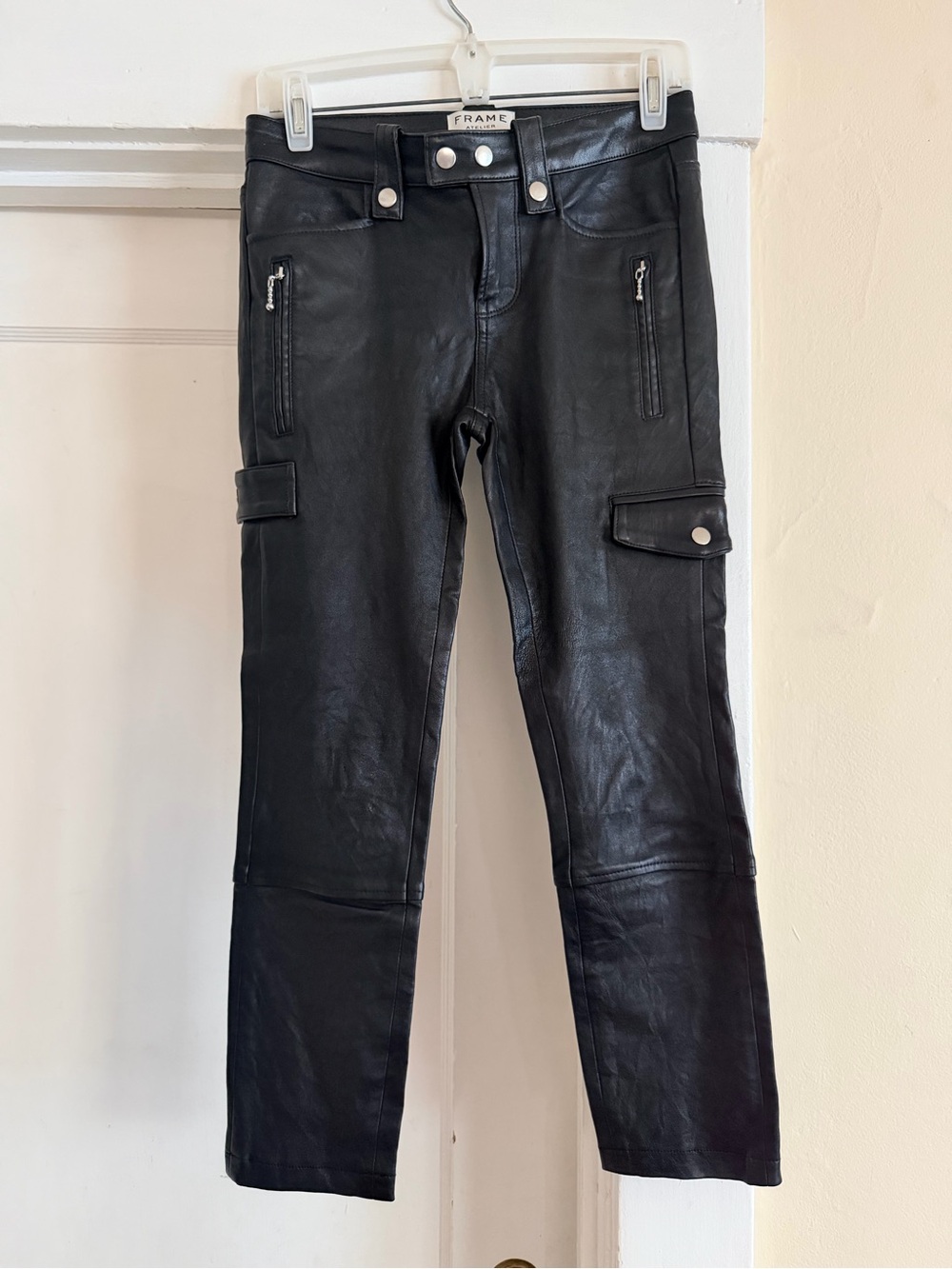 FRAME Atelier Black Lamb Leather Cargo Pants Size 26